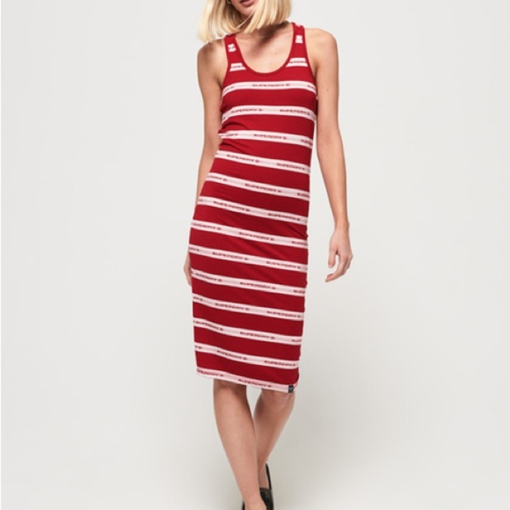 Superdry Mila Midi‎ Dress Red/White Striped Sz 10 Racerback Bodice Normcore